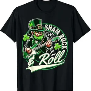 Sham Rock And Roll Shamrock Guitar St Patrick Day T-Shirt-Black / Green